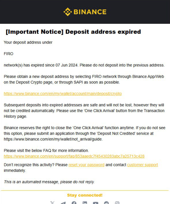 Binance deposit address expired example